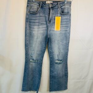 Risen Womens Straight Jeans Light‎ Wash Distressed Cotton Denim Size 15 32W New